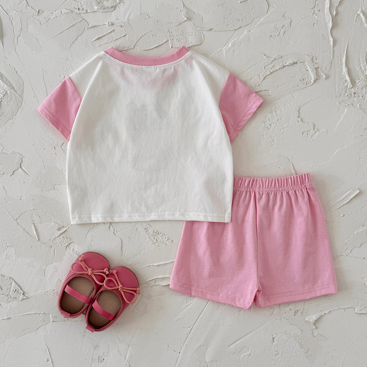Baby Popcorn Print Raglan T-shirt & Pink Shorts Set