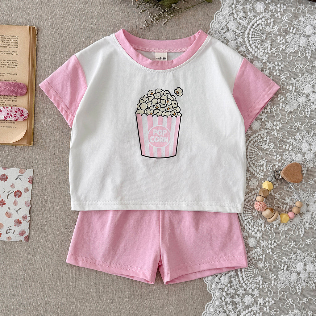 Baby Popcorn Print Raglan T-shirt & Pink Shorts Set