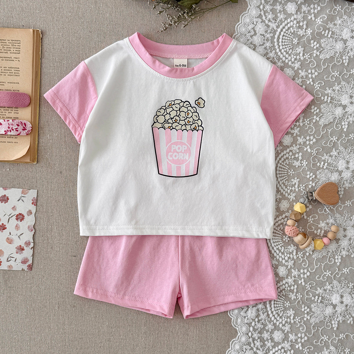 Baby Popcorn Print Raglan T-shirt & Pink Shorts Set