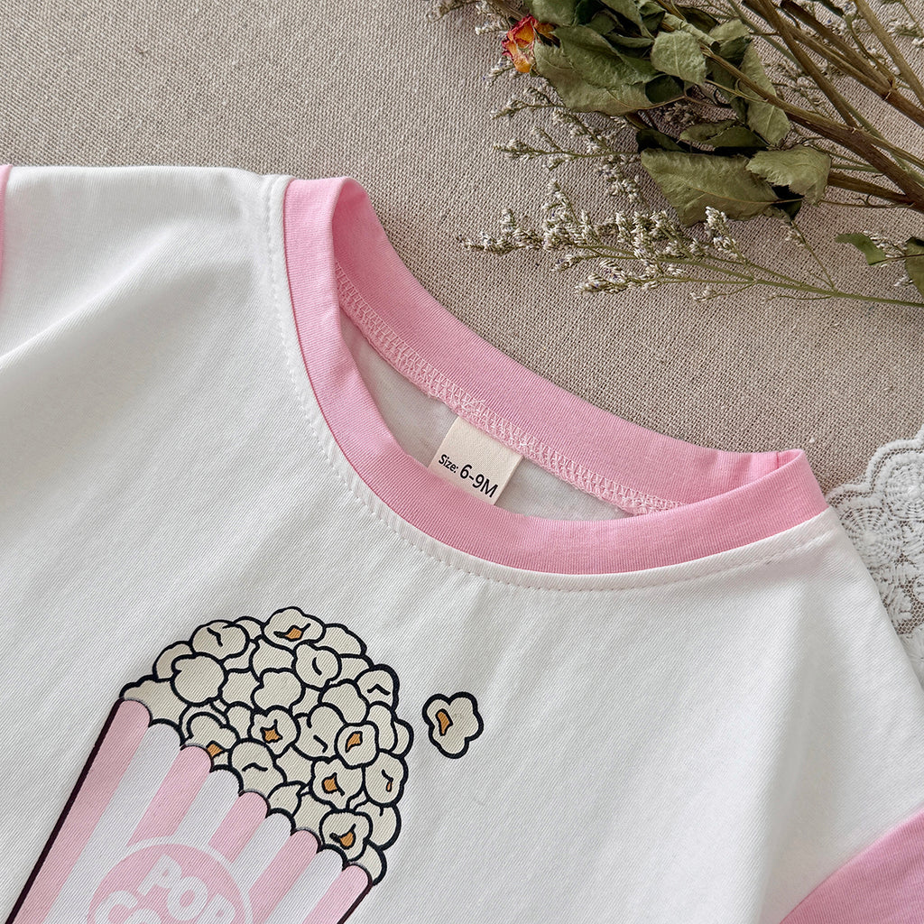 Baby Popcorn Print Raglan T-shirt & Pink Shorts Set