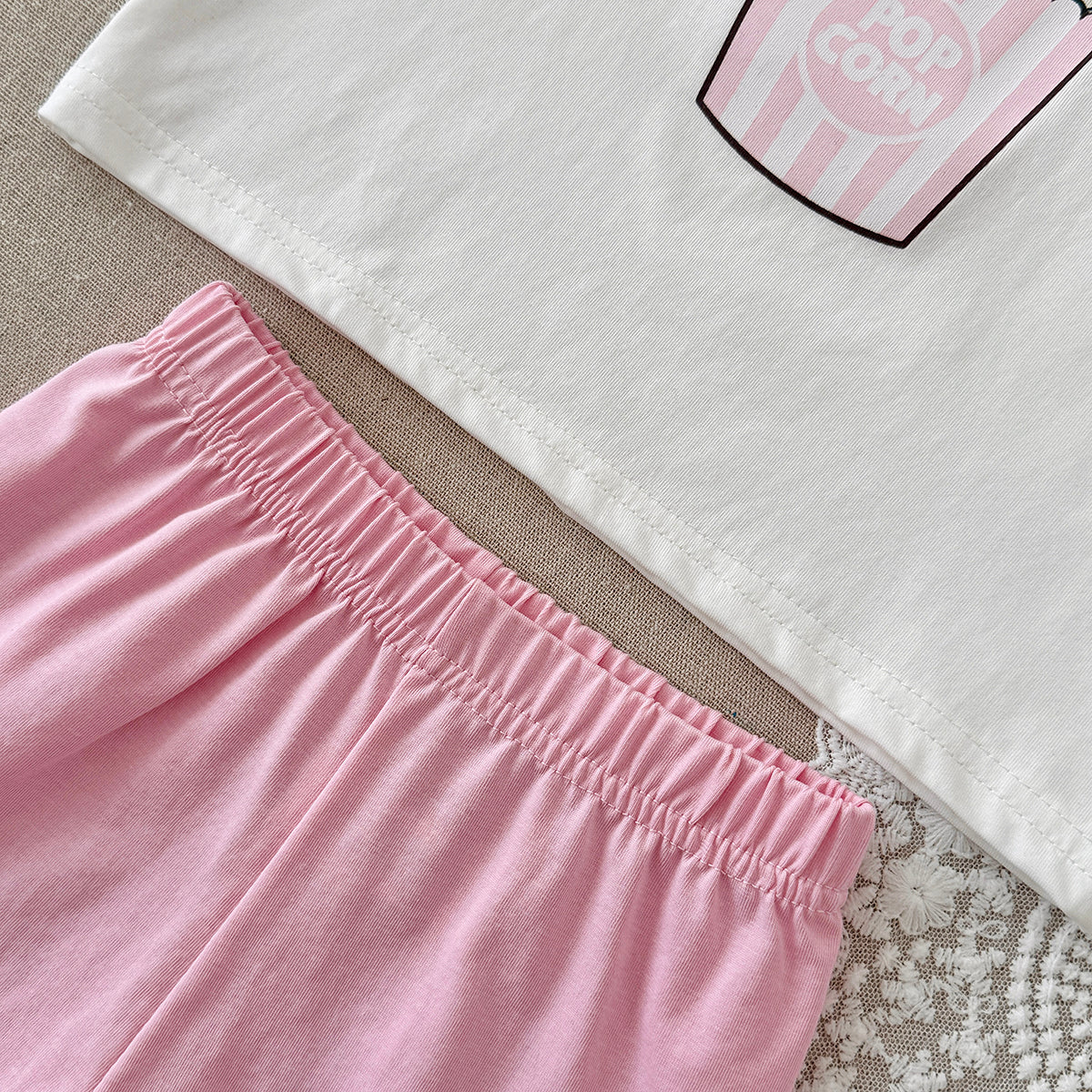 Baby Popcorn Print Raglan T-shirt & Pink Shorts Set