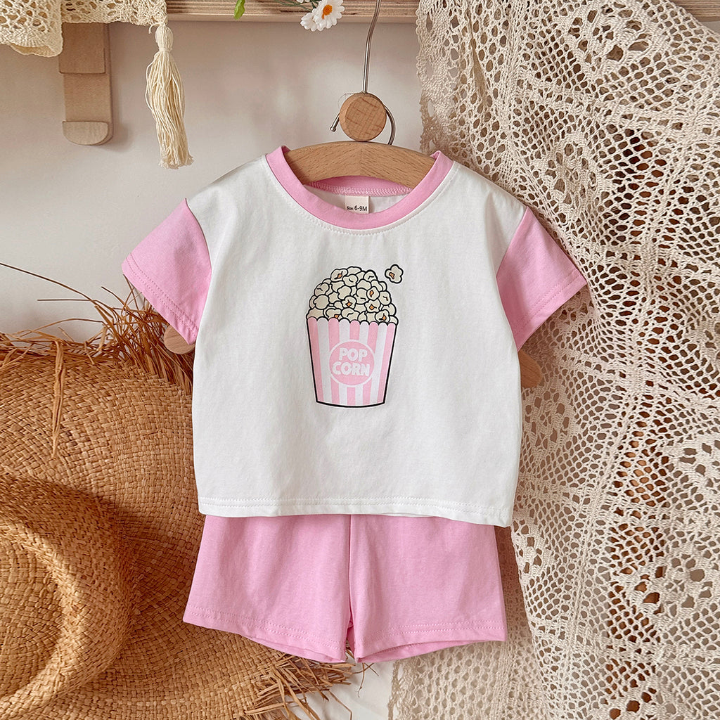Baby Popcorn Print Raglan T-shirt & Pink Shorts Set