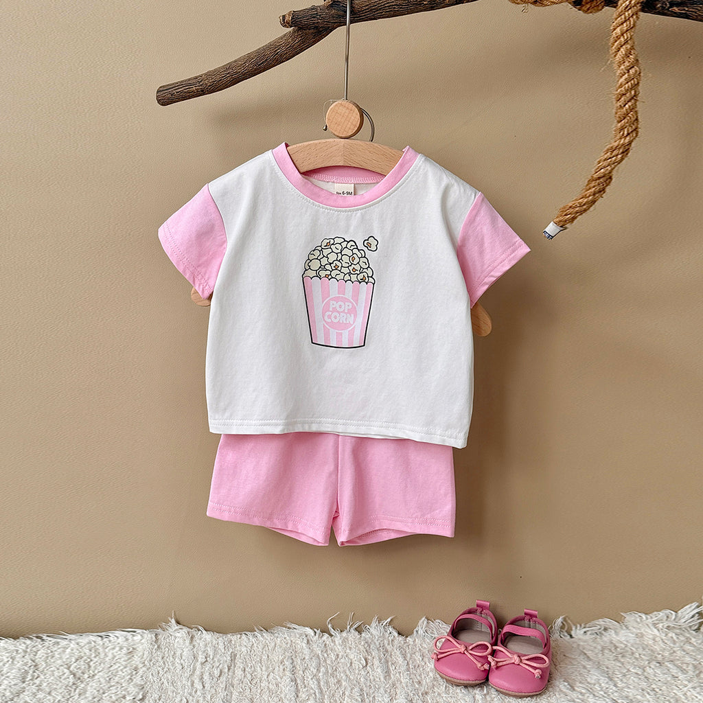 Baby Popcorn Print Raglan T-shirt & Pink Shorts Set