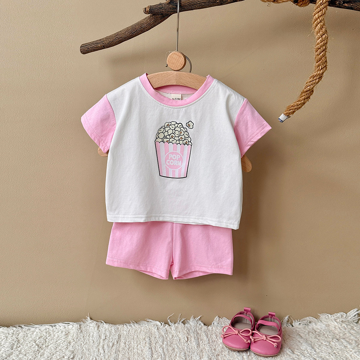 Baby Popcorn Print Raglan T-shirt & Pink Shorts Set