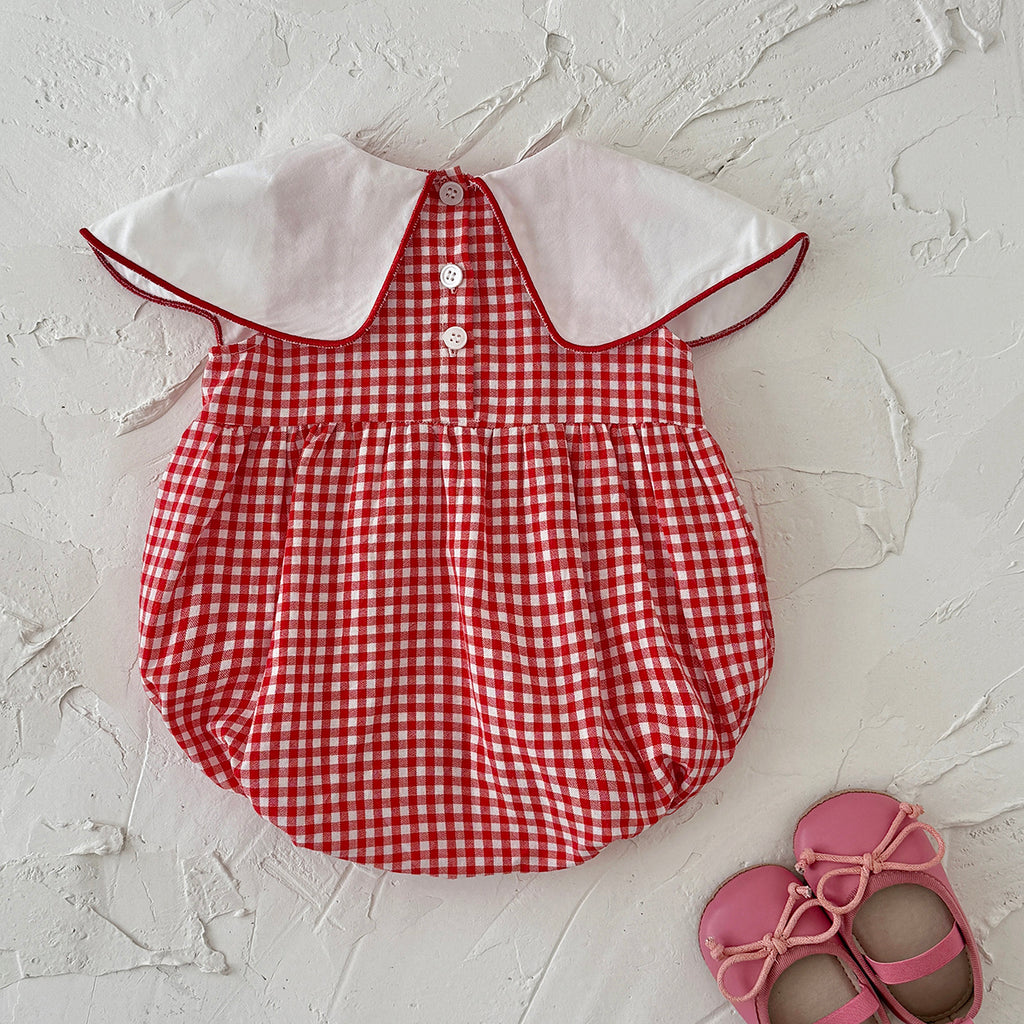 Strawberry Embroidered Gingham Baby Girl Bubble Romper