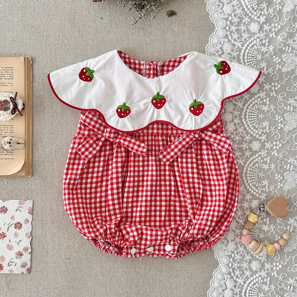 Strawberry Embroidered Gingham Baby Girl Bubble Romper