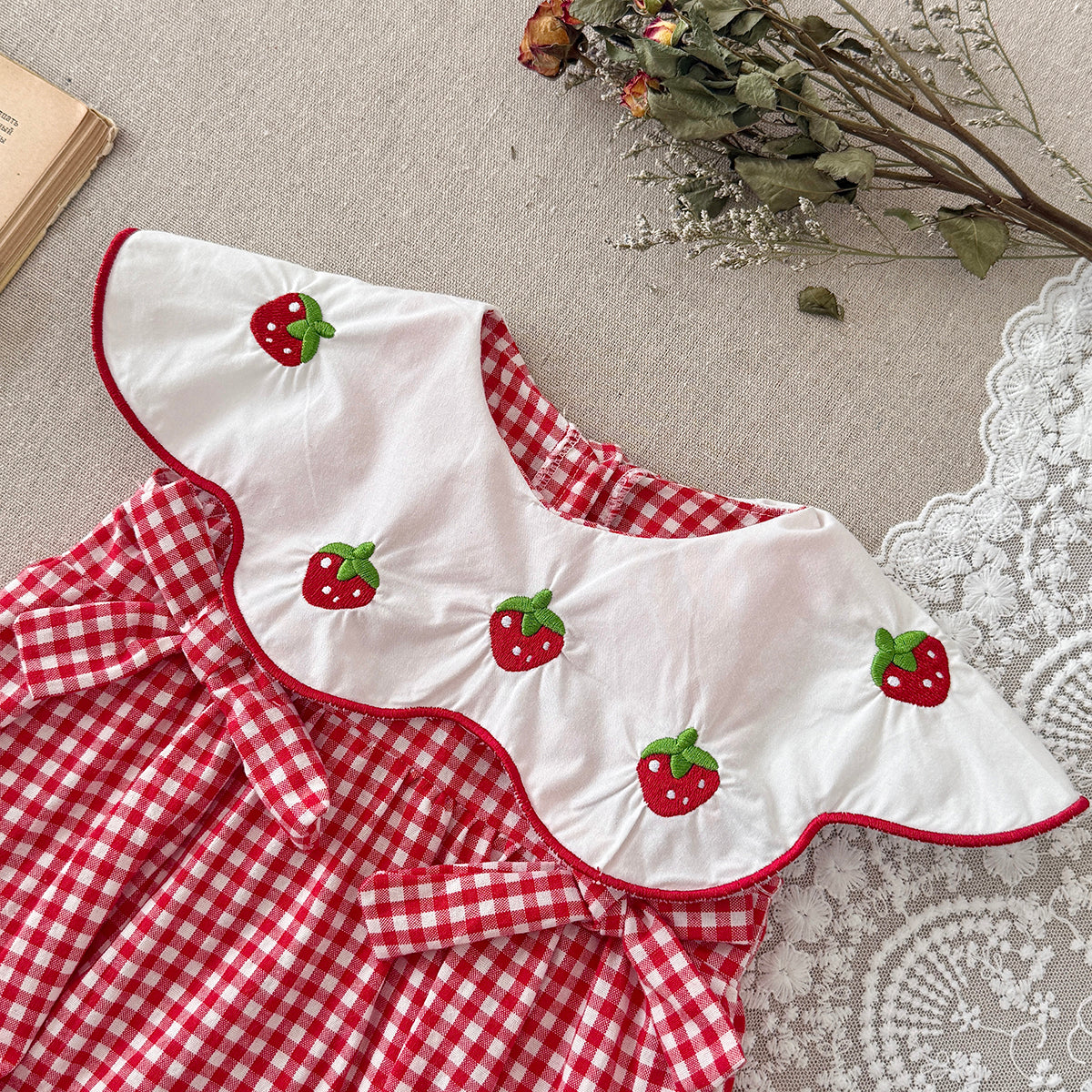 Strawberry Embroidered Gingham Baby Girl Bubble Romper