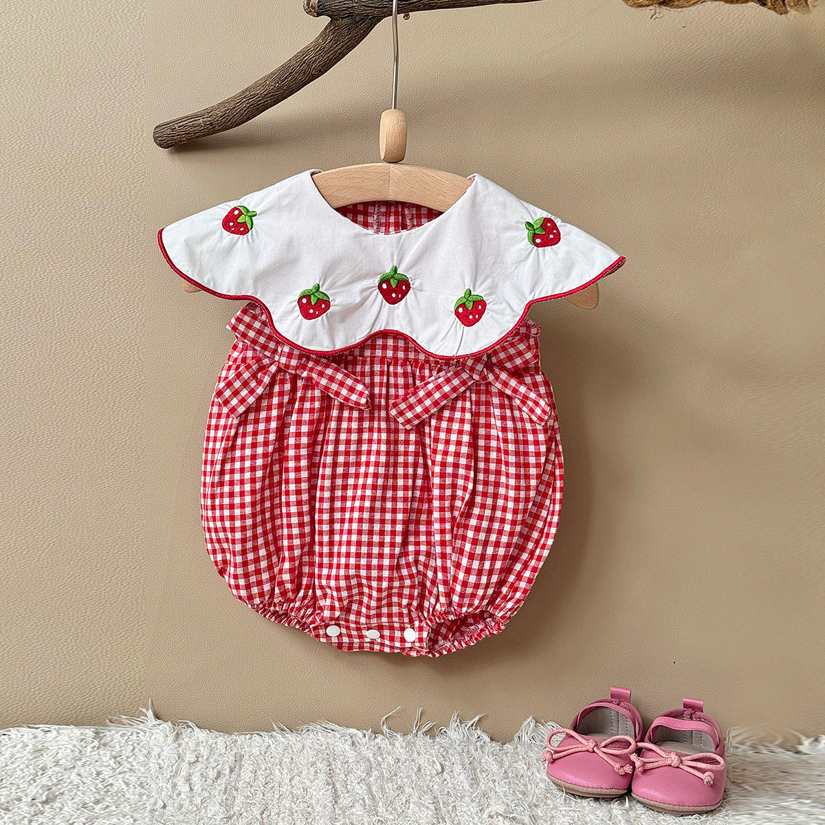 Strawberry Embroidered Gingham Baby Girl Bubble Romper