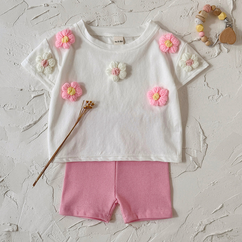 Baby Girl 3D Floral Tee & Ribbed Shorts Outfi