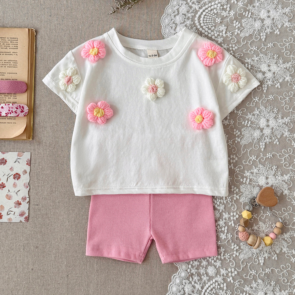 Baby Girl 3D Floral Tee & Ribbed Shorts Outfi