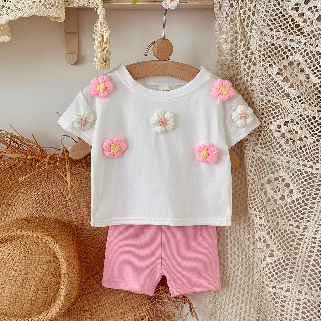 Baby Girl 3D Floral Tee & Ribbed Shorts Outfi