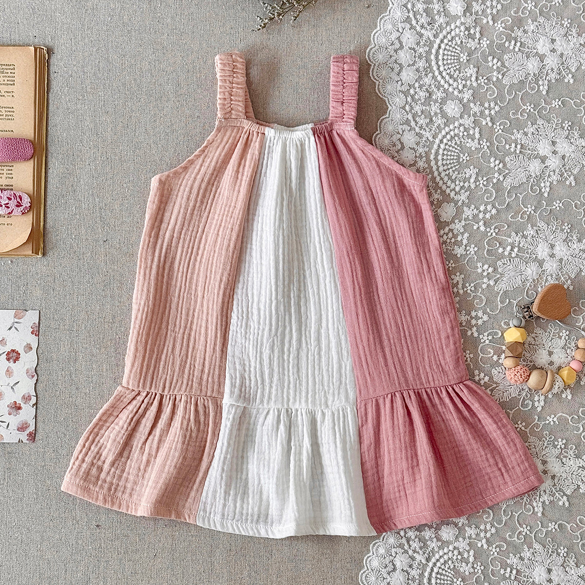 Color Block Muslin Baby Girl Sleeveless Dress