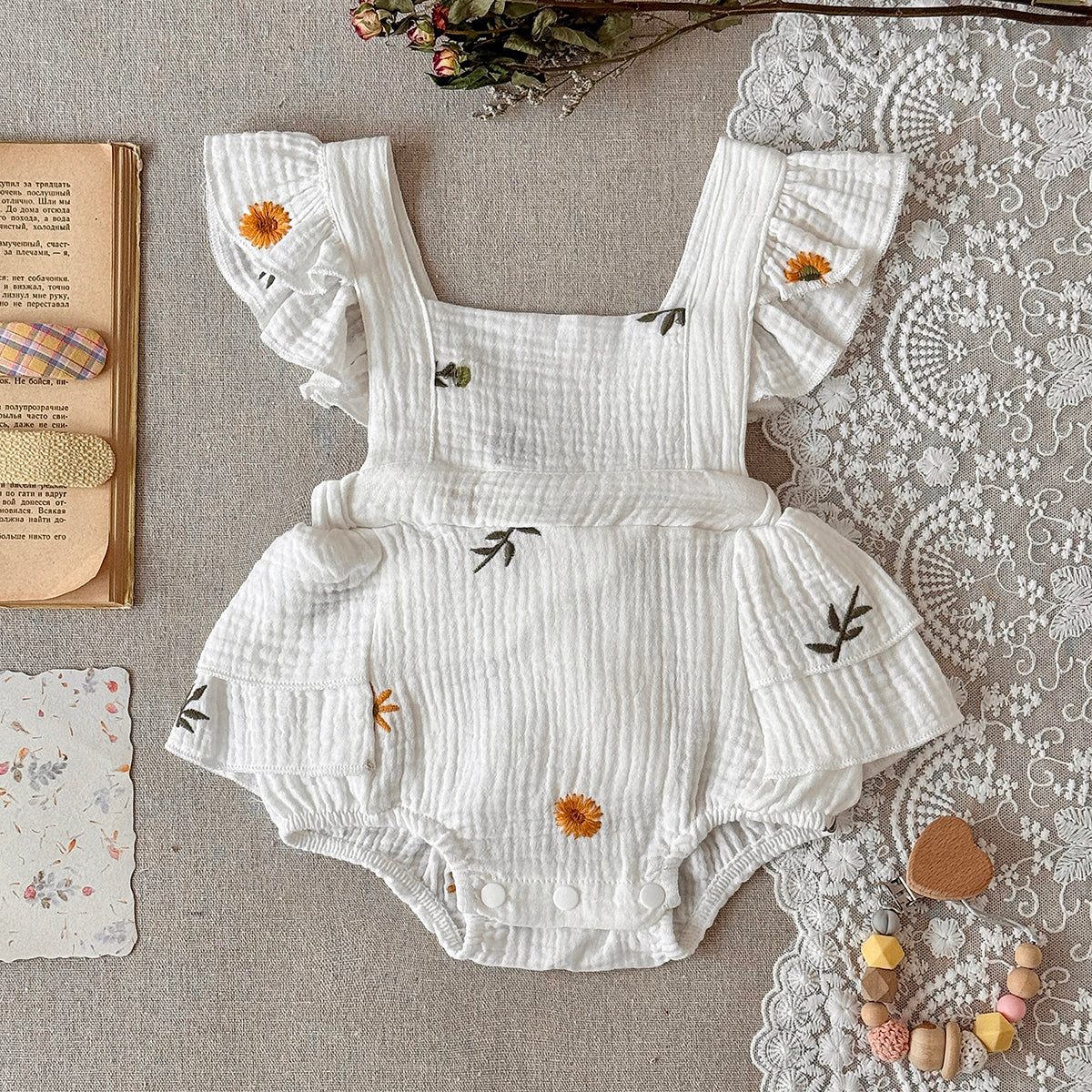 Baby Girl Daisy Embroidered Muslin Ruffle Romper