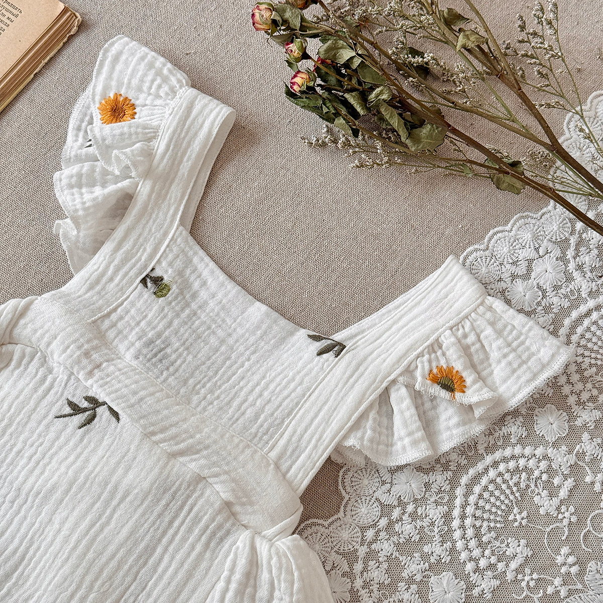 Baby Girl Daisy Embroidered Muslin Ruffle Romper