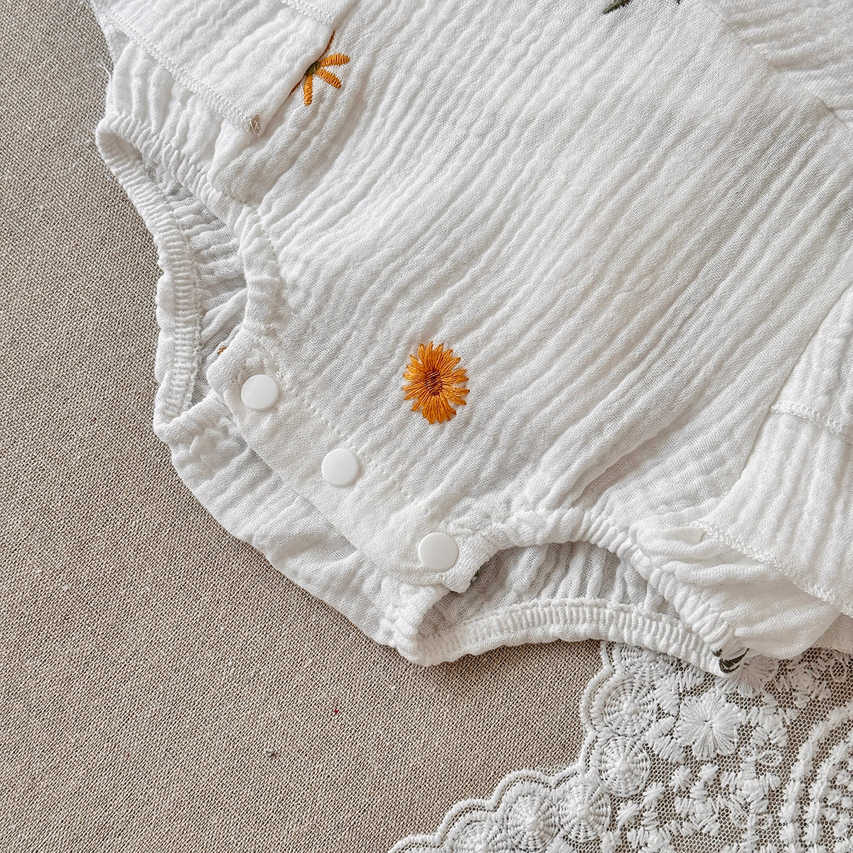 Baby Girl Daisy Embroidered Muslin Ruffle Romper