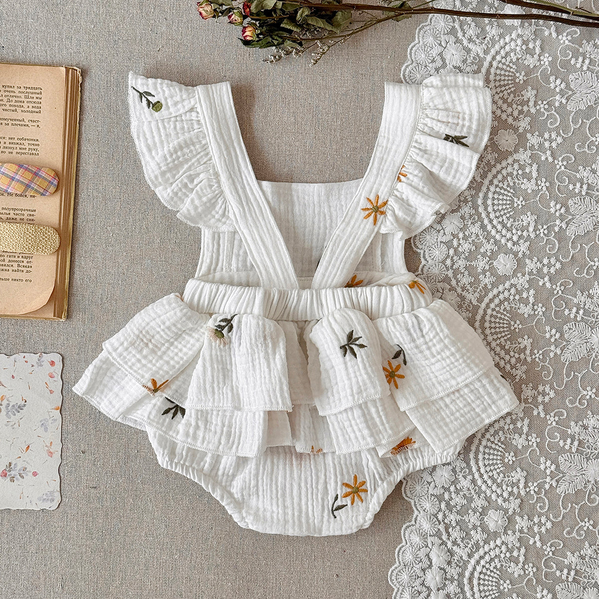 Baby Girl Daisy Embroidered Muslin Ruffle Romper