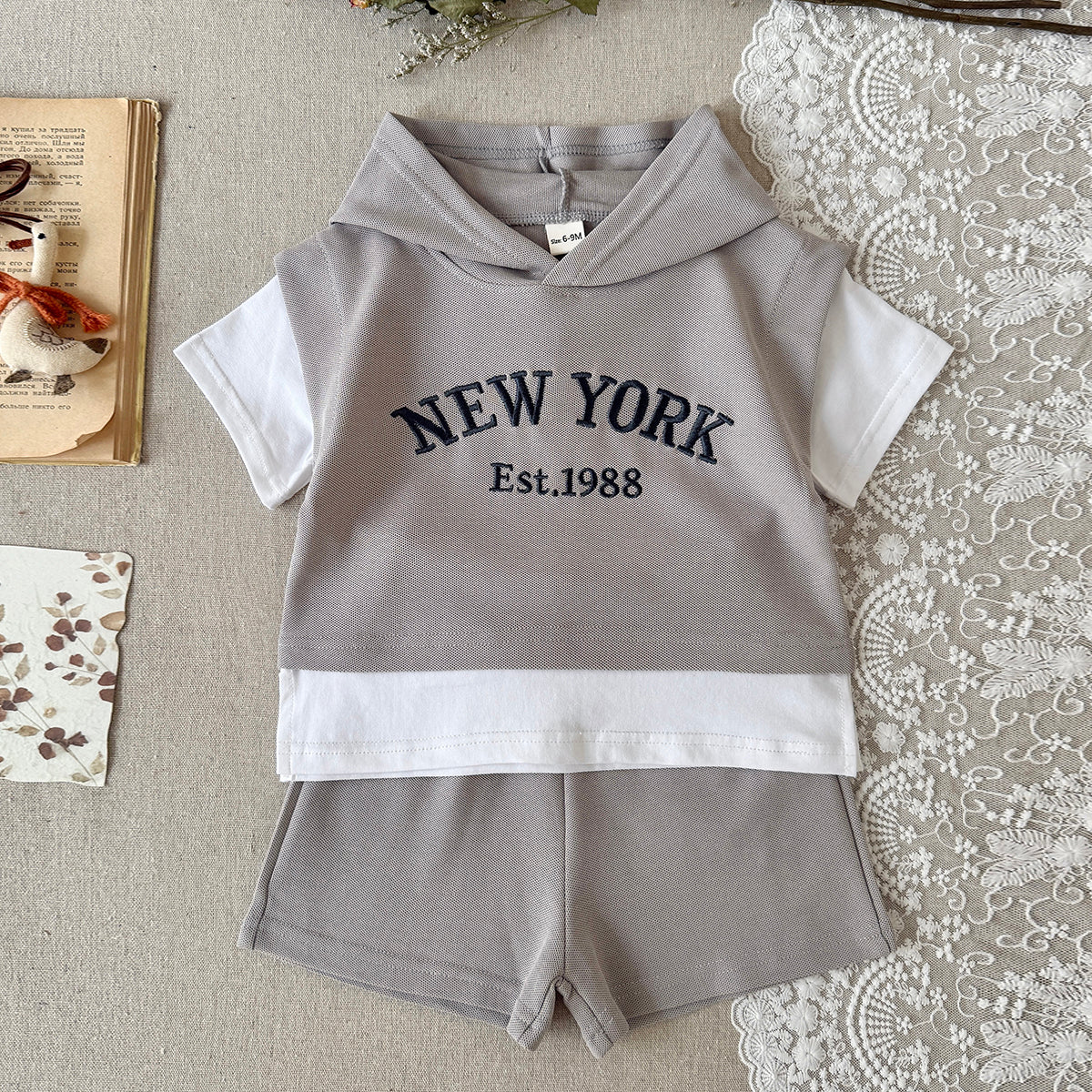 Baby New York Embroidered Fake Two-Piece Hooded Short Set