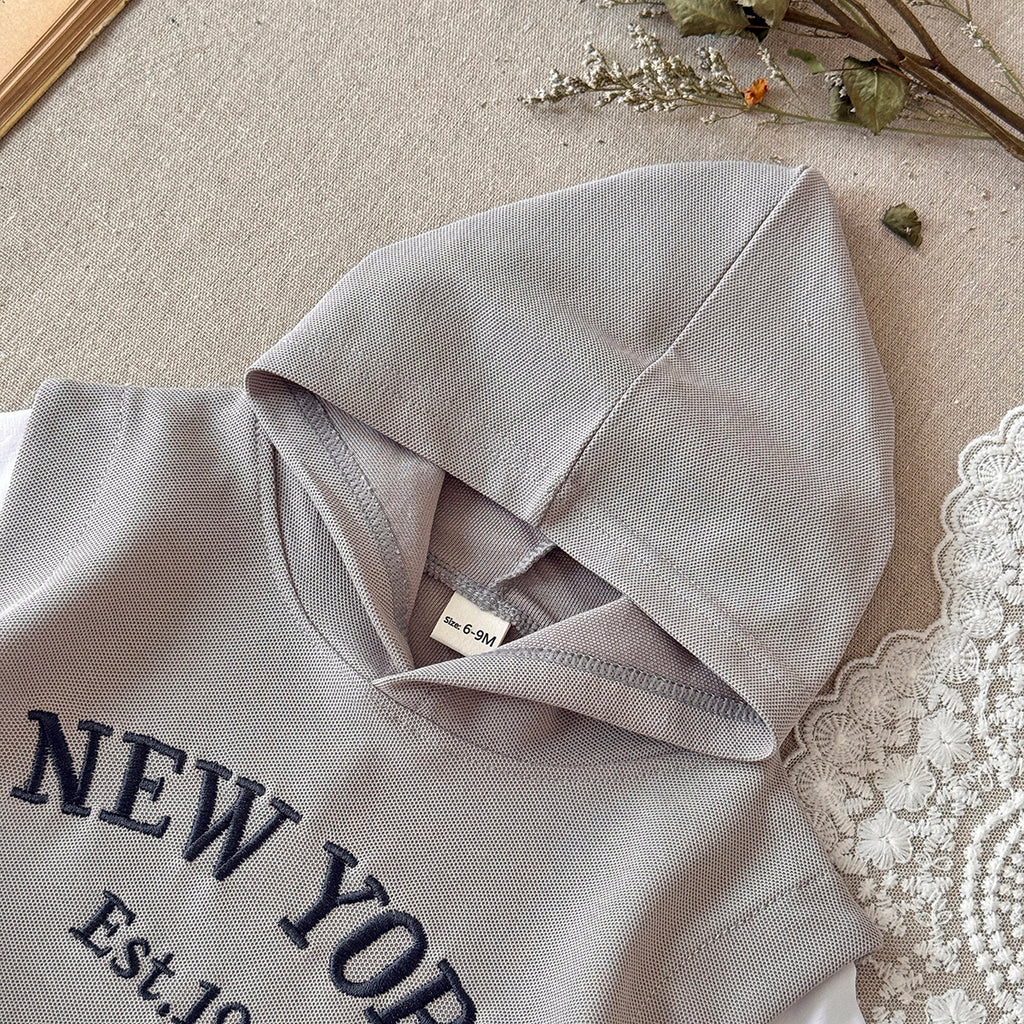Baby New York Embroidered Fake Two-Piece Hooded Short Set