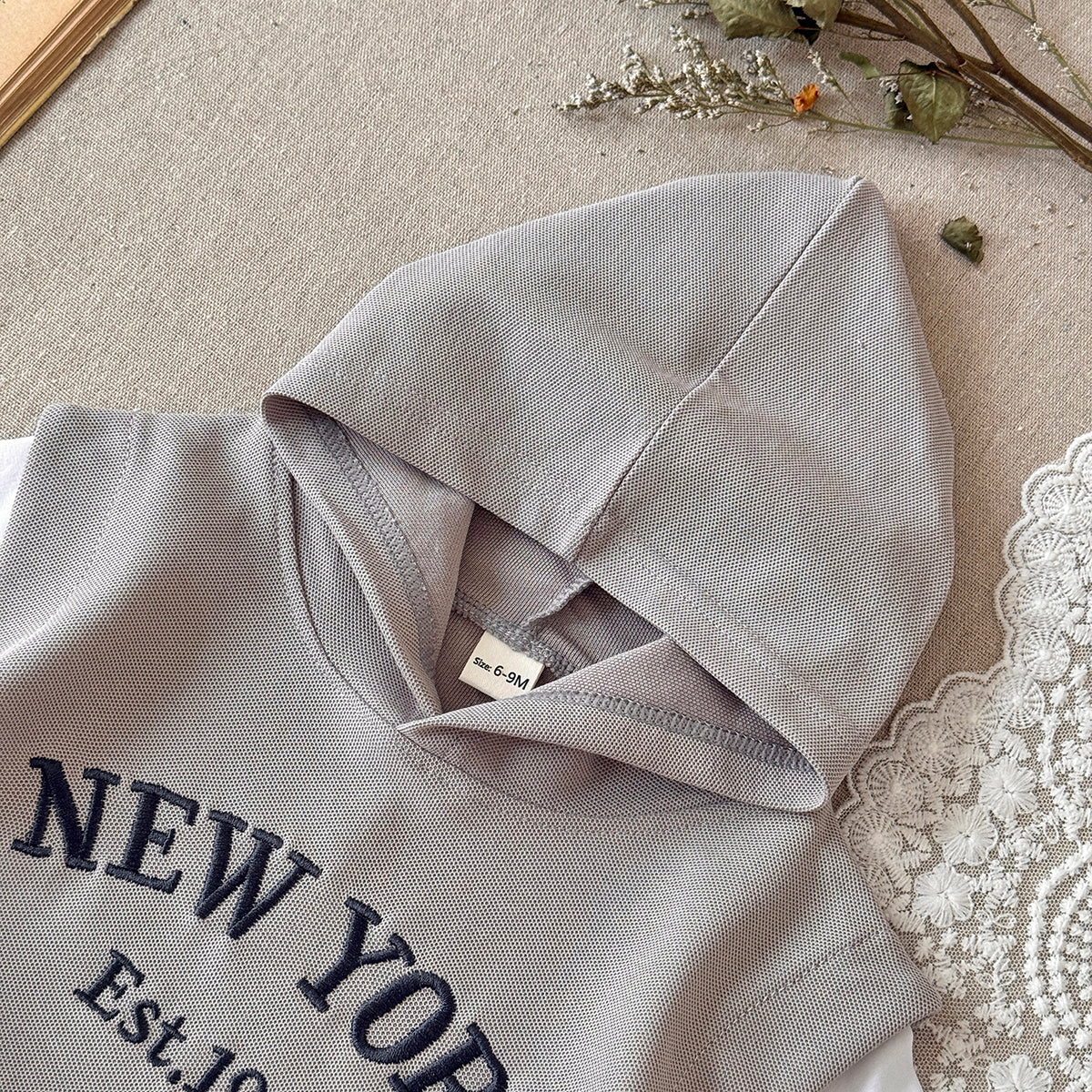 Baby New York Embroidered Fake Two-Piece Hooded Short Set