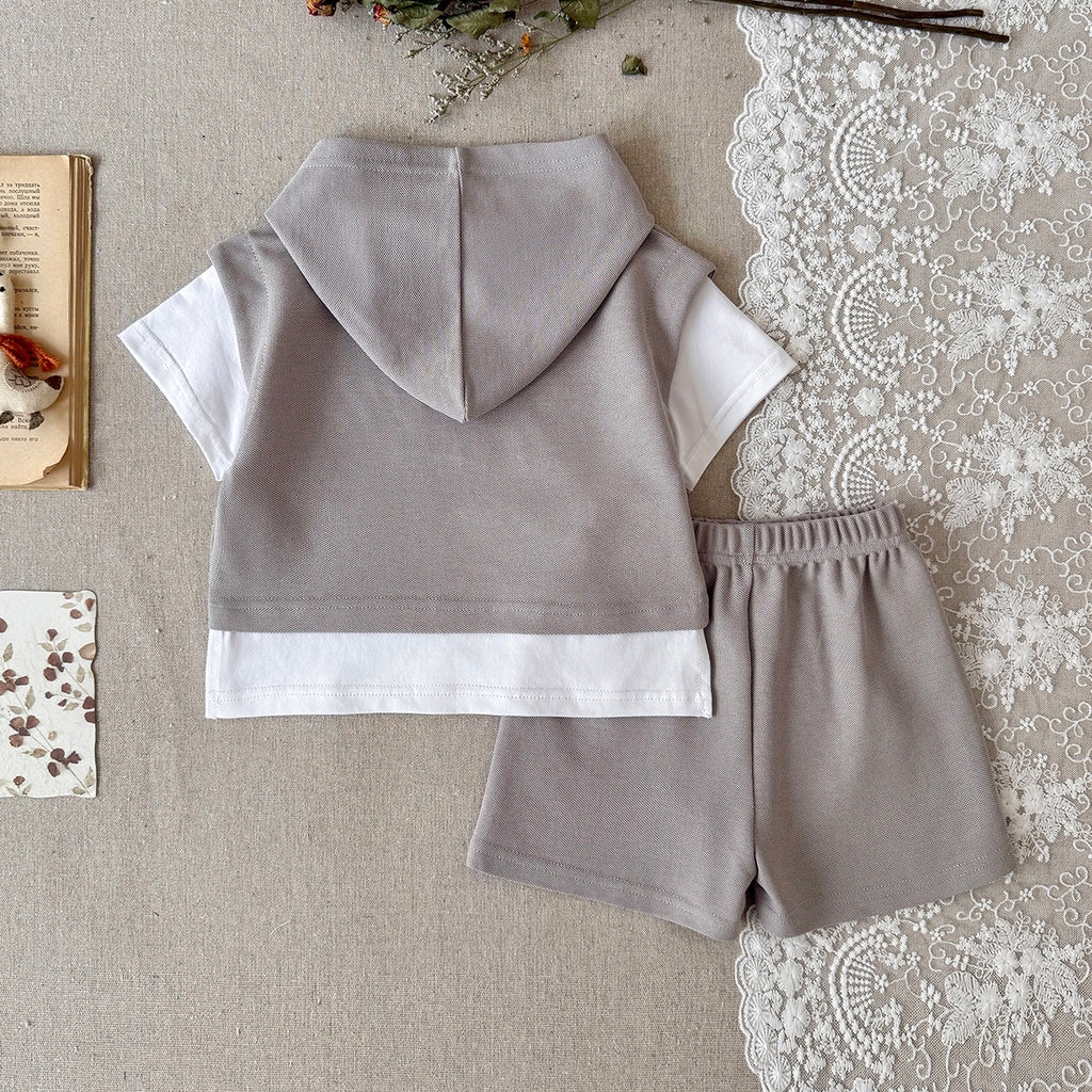 Baby New York Embroidered Fake Two-Piece Hooded Short Set