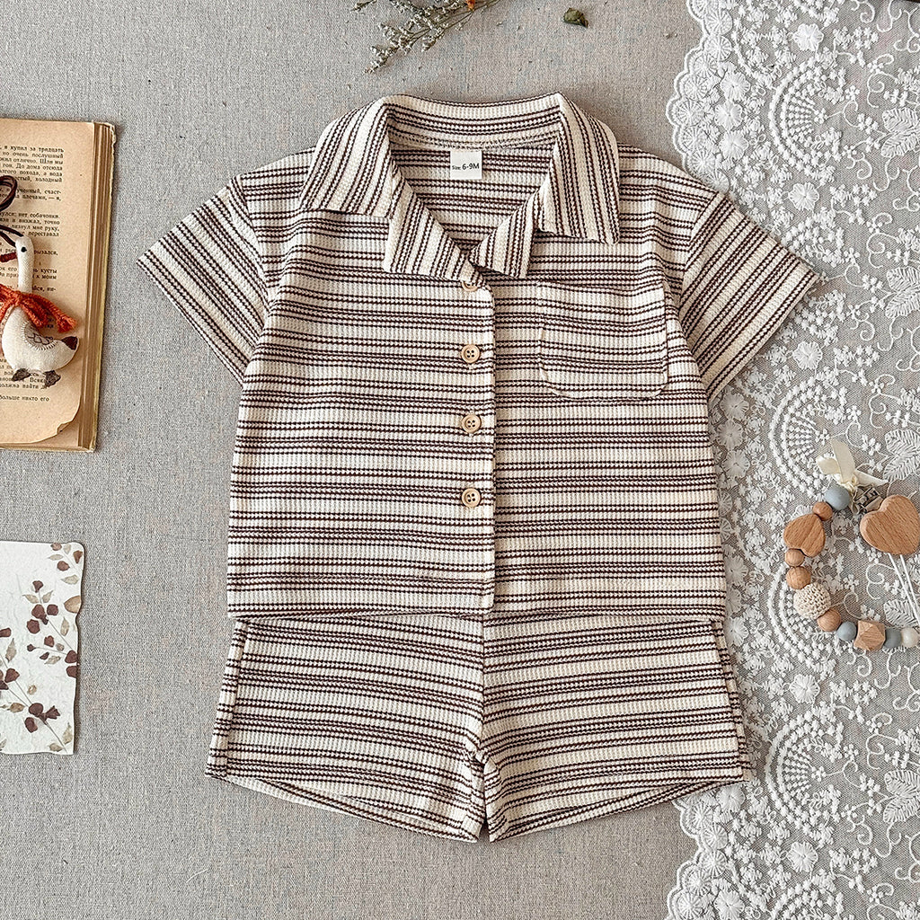 Baby Waffle Striped Button Shirt & Shorts 2Pcs Set