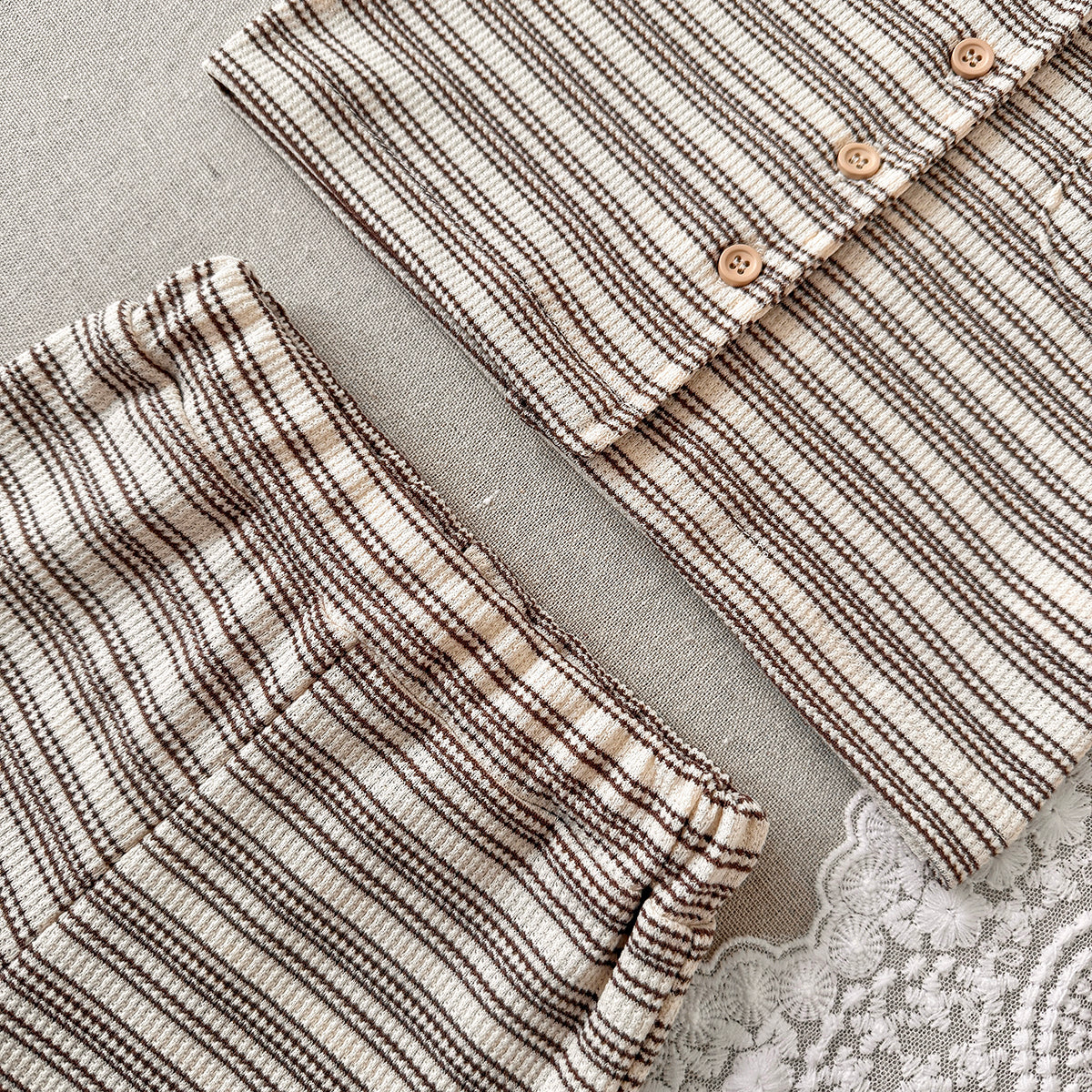 Baby Waffle Striped Button Shirt & Shorts 2Pcs Set