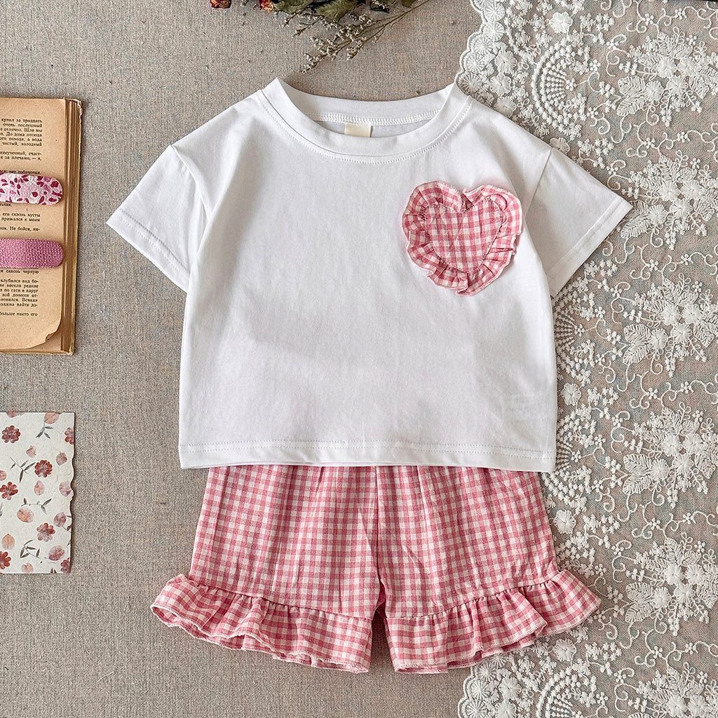 Baby Girl Plaid Heart Patch Tee & Ruffle Shorts Summer Outfit Set