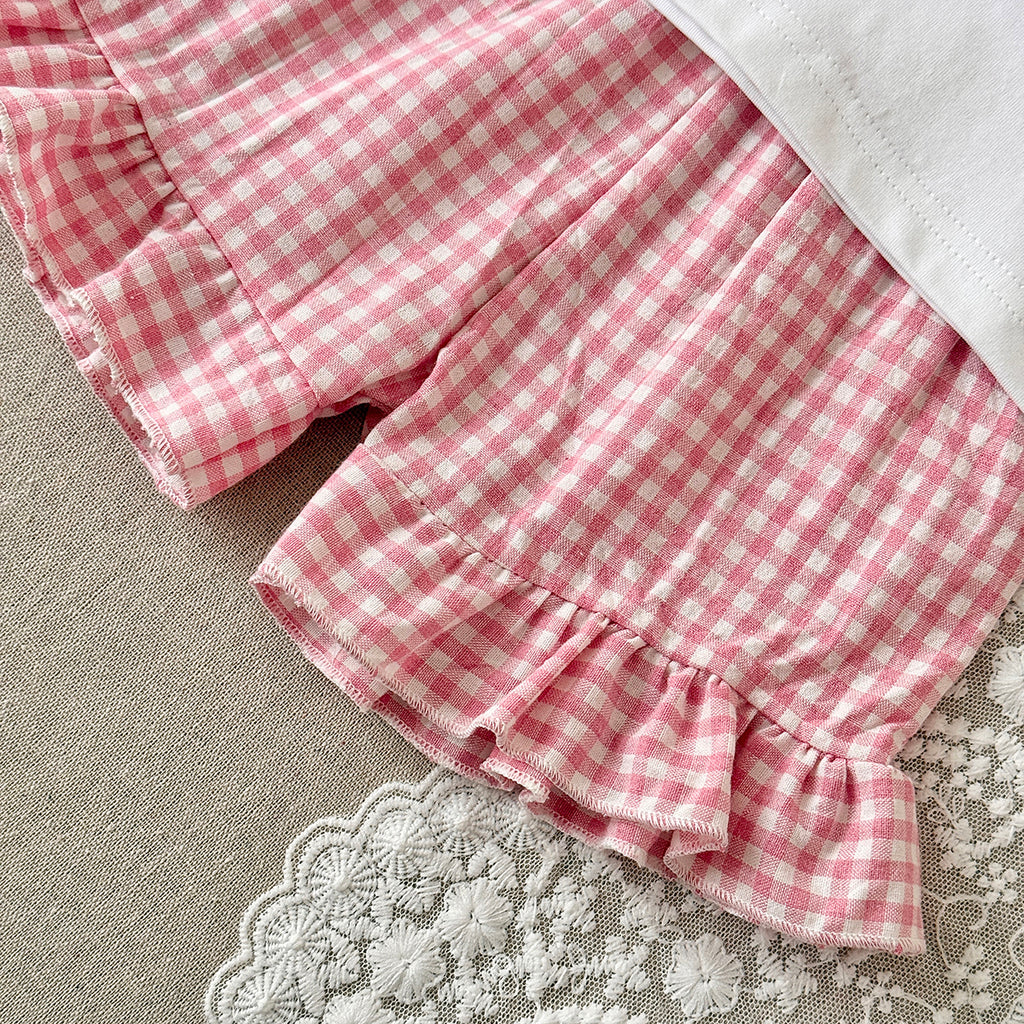 Baby Girl Plaid Heart Patch Tee & Ruffle Shorts Summer Outfit Set