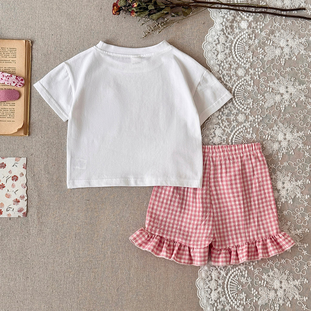 Baby Girl Plaid Heart Patch Tee & Ruffle Shorts Summer Outfit Set