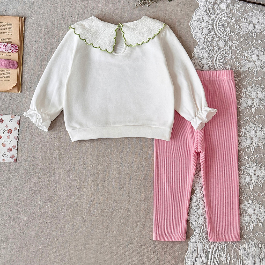 Baby girl white flower embroidered collar pants set