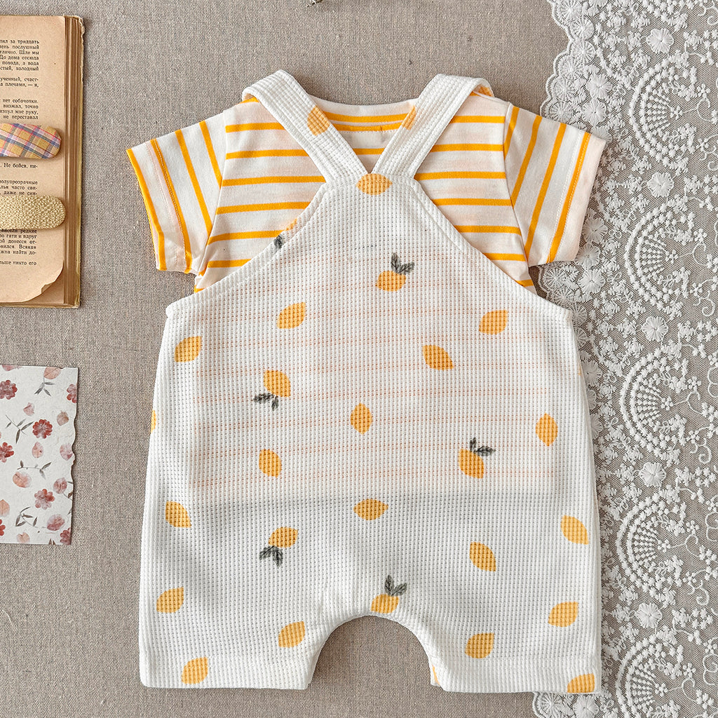 Summer Baby Set Lemon Waffle Overalls & Striped Short Sleeve Tee