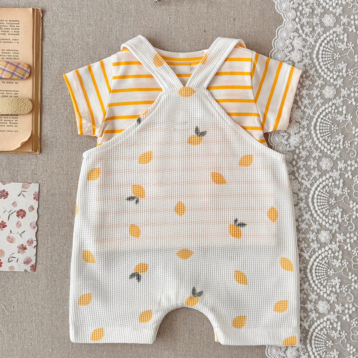 Summer Baby Set Lemon Waffle Overalls & Striped Short Sleeve Tee