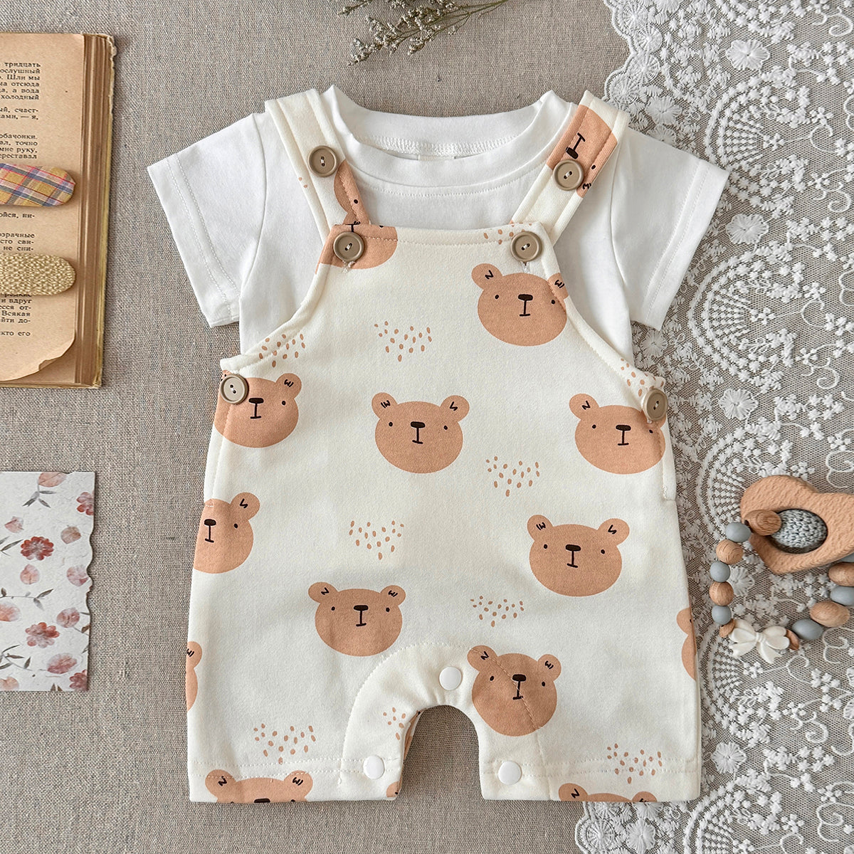 Baby Bear Print Short Overalls & White Tee Set  >