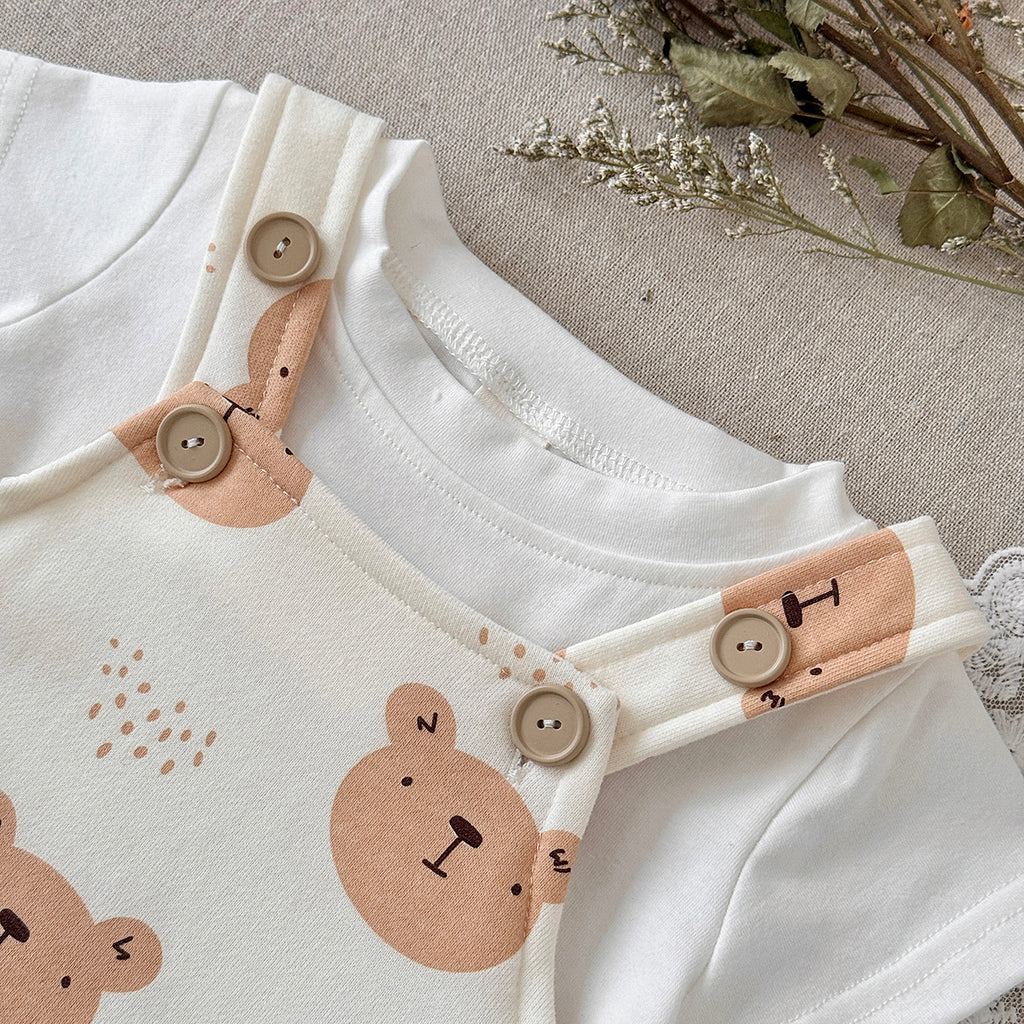 Baby Bear Print Short Overalls & White Tee Set  >