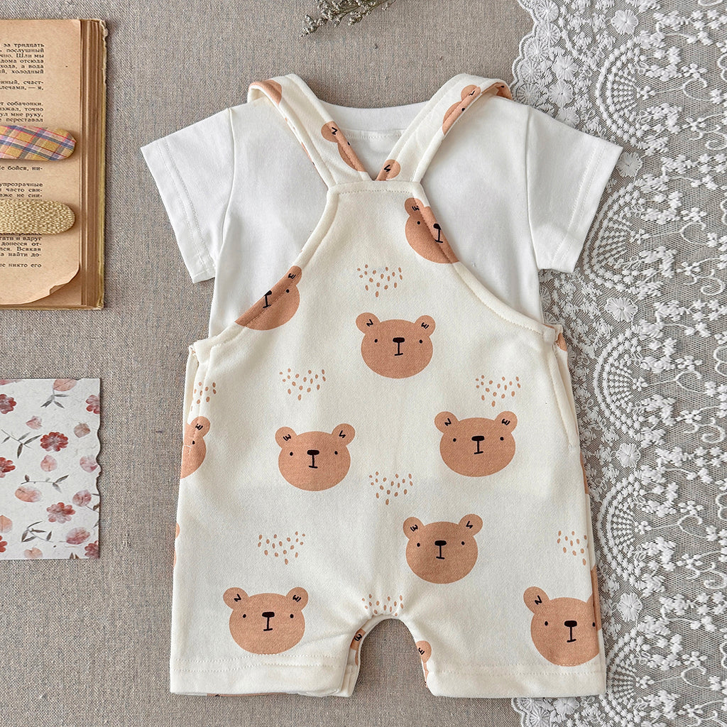 Baby Bear Print Short Overalls & White Tee Set  >