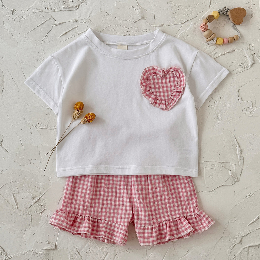 Baby Girl Plaid Heart Patch Tee & Ruffle Shorts Summer Outfit Set