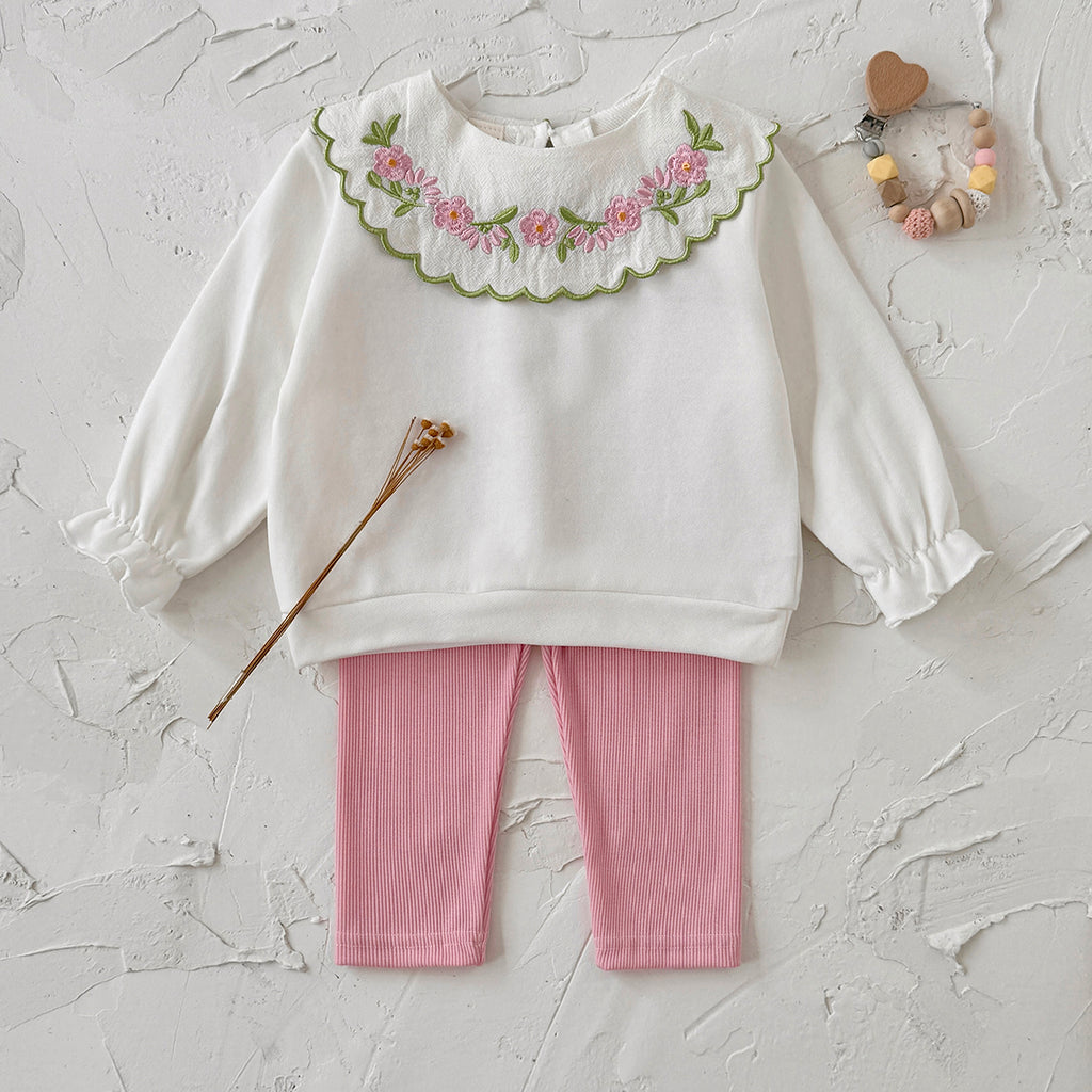 Baby girl white flower embroidered collar pants set