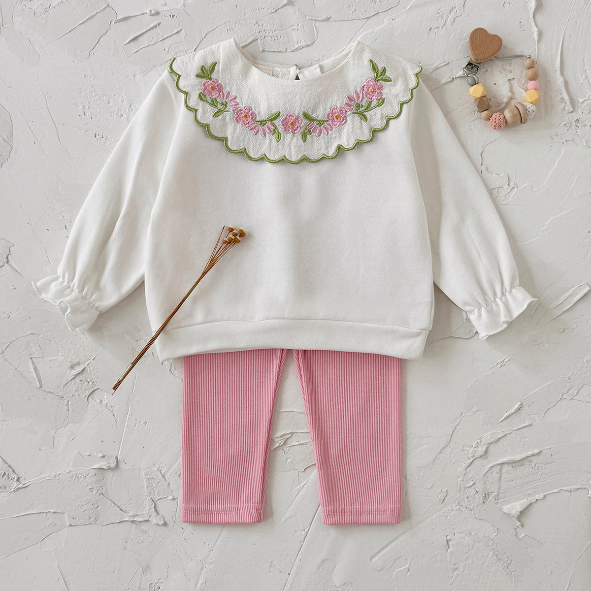 Baby girl white flower embroidered collar pants set