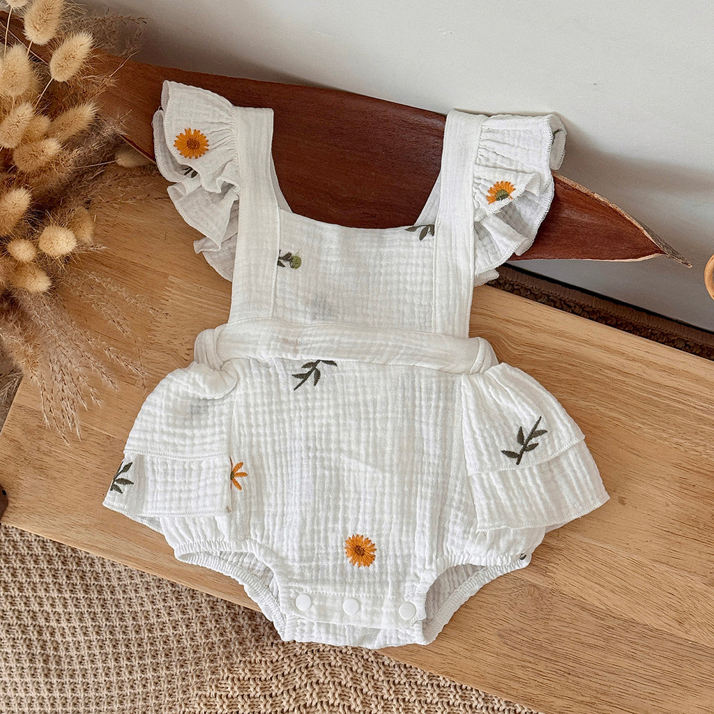 Baby Girl Daisy Embroidered Muslin Ruffle Romper
