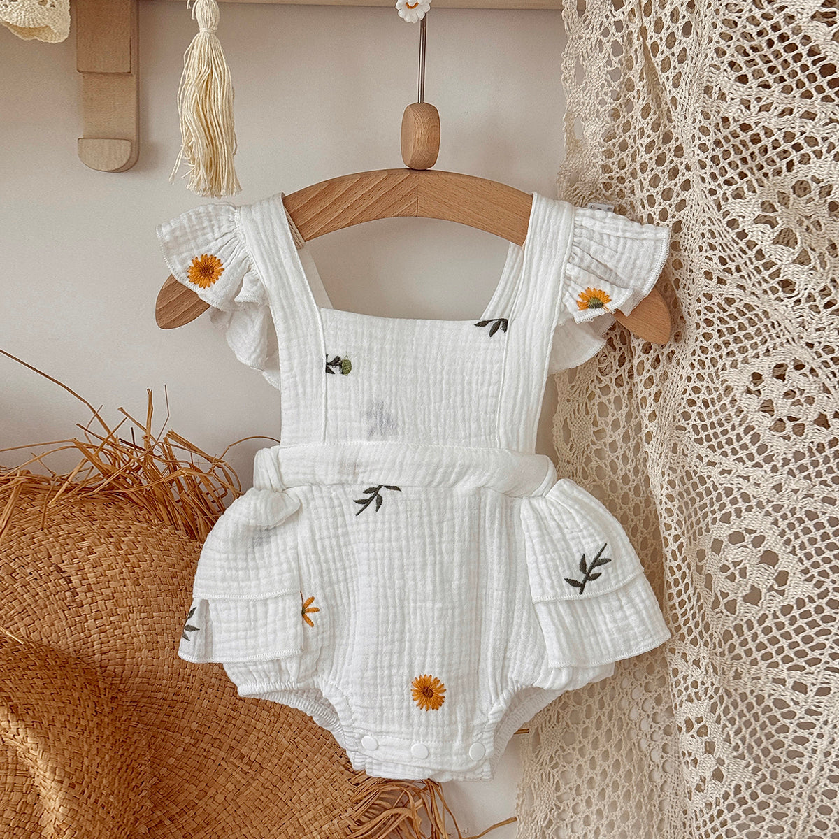 Baby Girl Daisy Embroidered Muslin Ruffle Romper