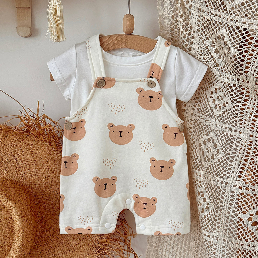 Baby Bear Print Short Overalls & White Tee Set  >