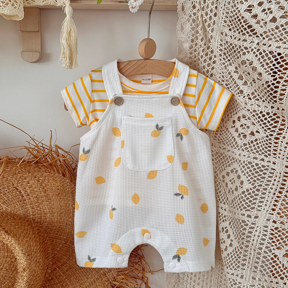 Summer Baby Set Lemon Waffle Overalls & Striped Short Sleeve Tee