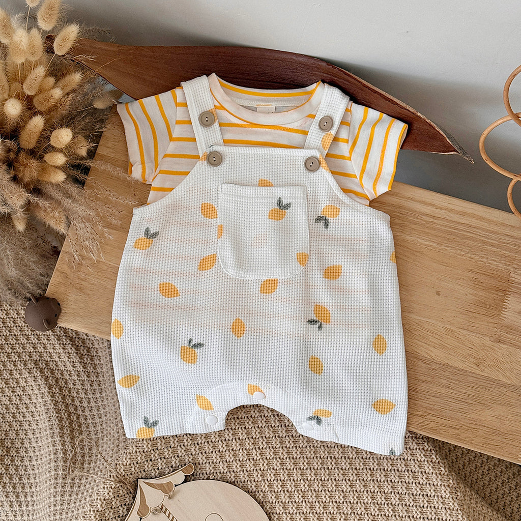 Summer Baby Set Lemon Waffle Overalls & Striped Short Sleeve Tee