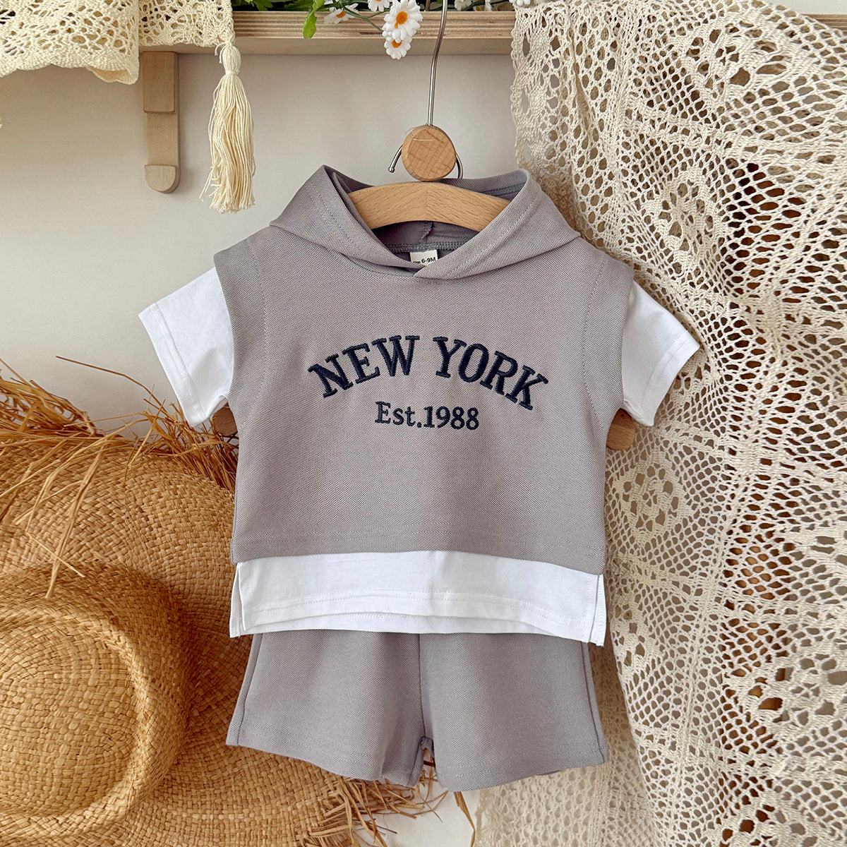 Baby New York Embroidered Fake Two-Piece Hooded Short Set