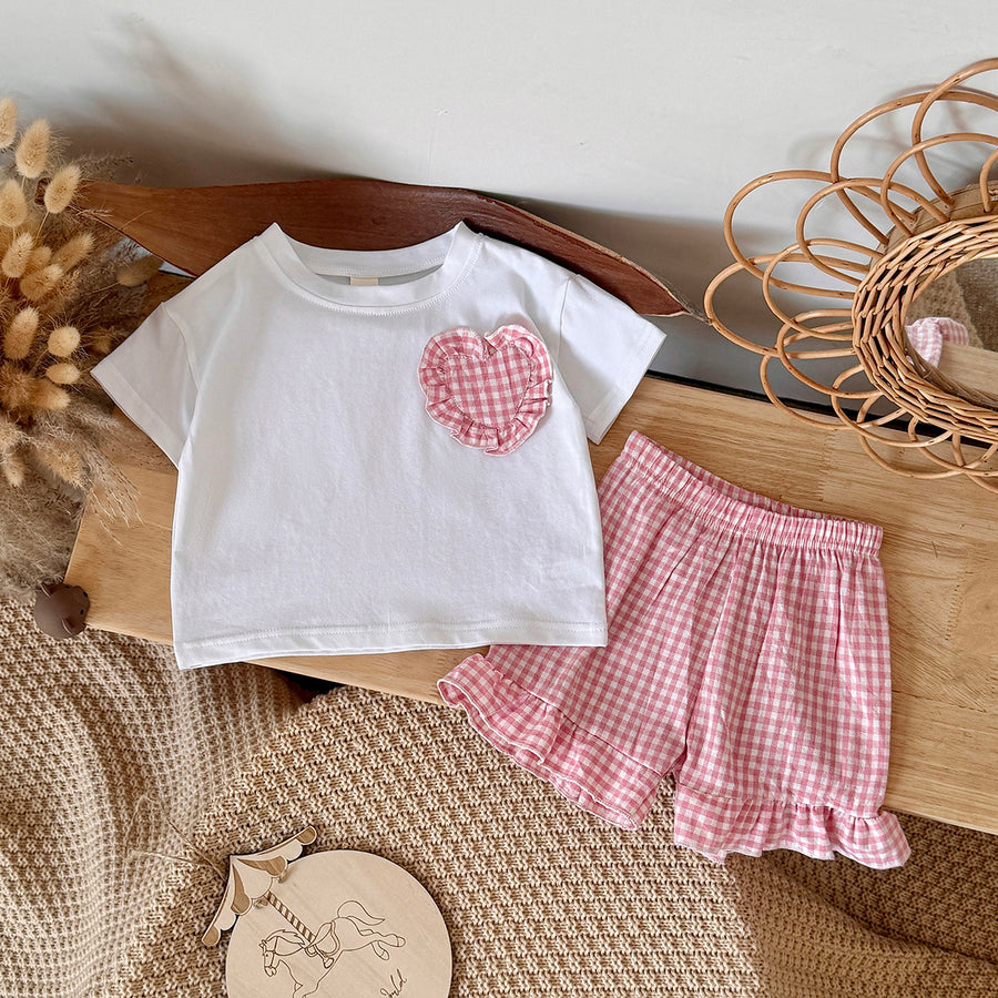 Baby Girl Plaid Heart Patch Tee & Ruffle Shorts Summer Outfit Set