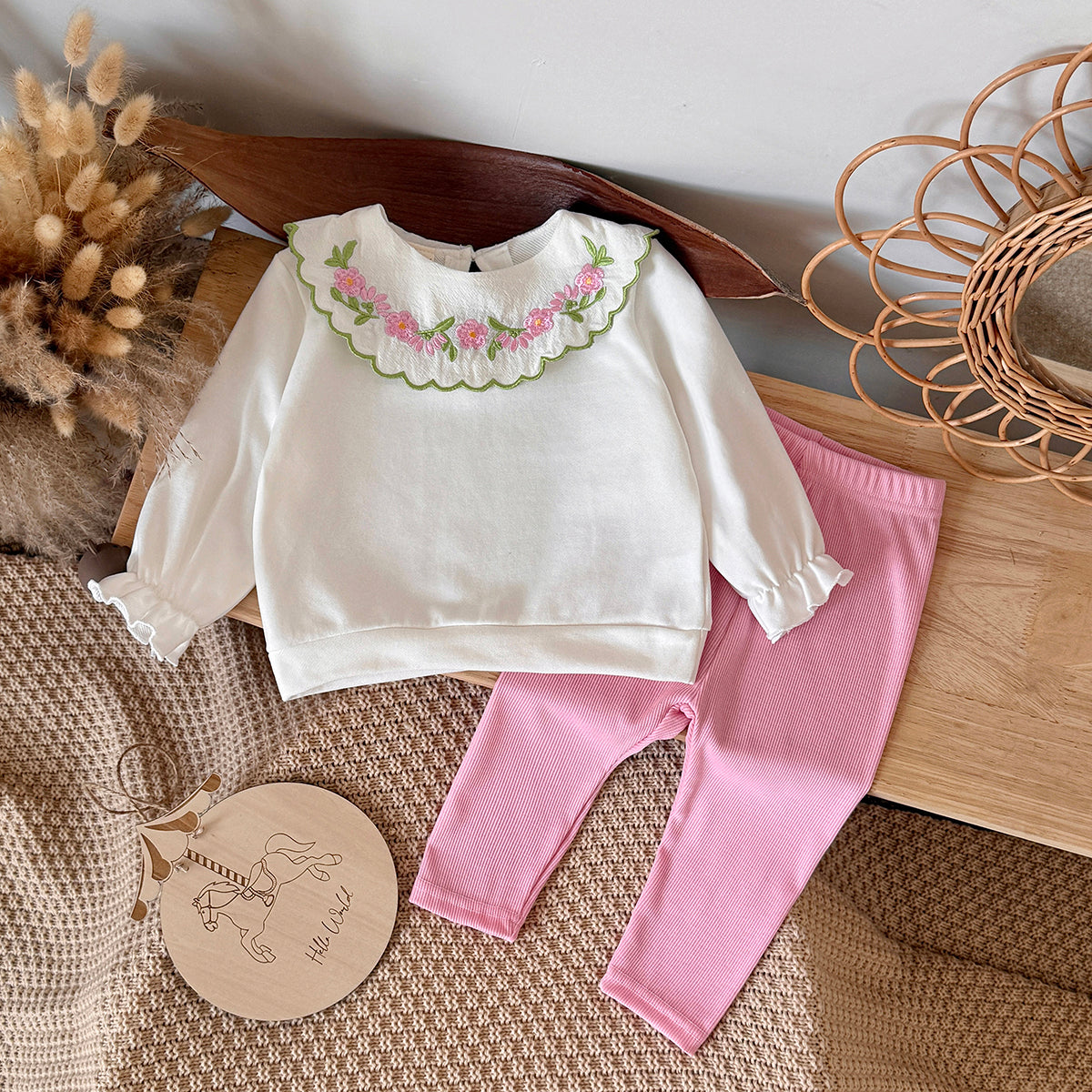 Baby girl white flower embroidered collar pants set