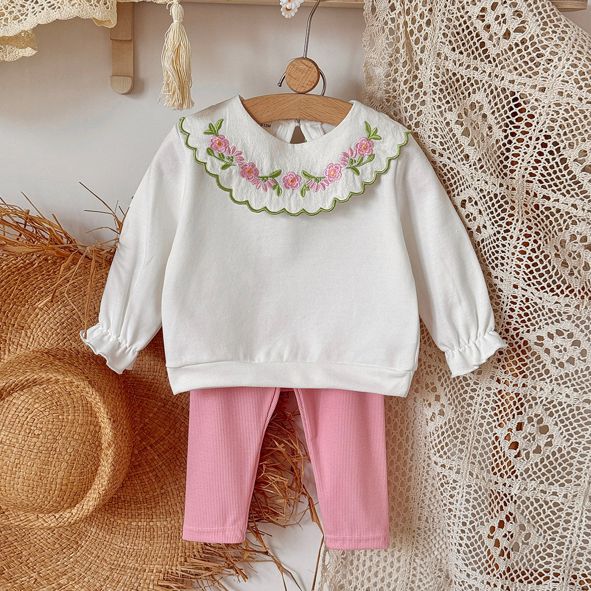 Baby girl white flower embroidered collar pants set