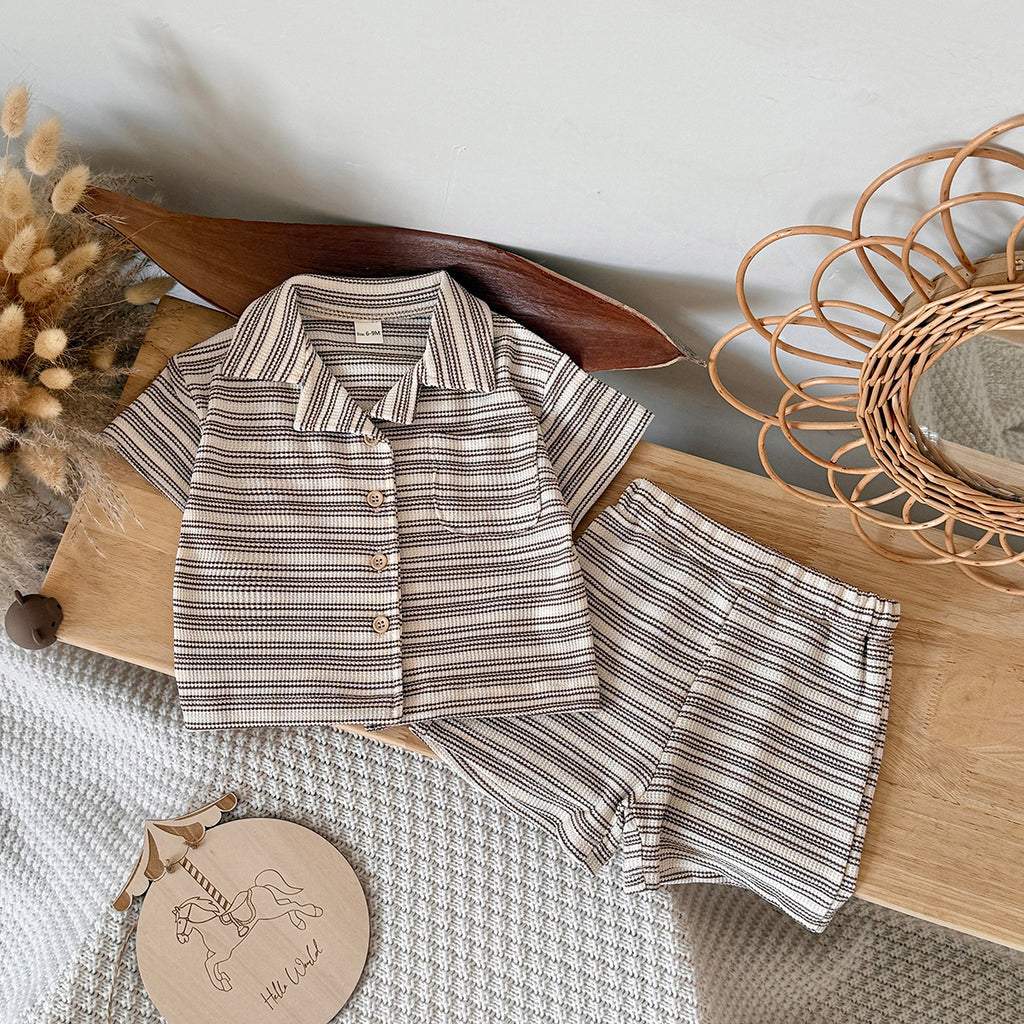 Baby Waffle Striped Button Shirt & Shorts 2Pcs Set