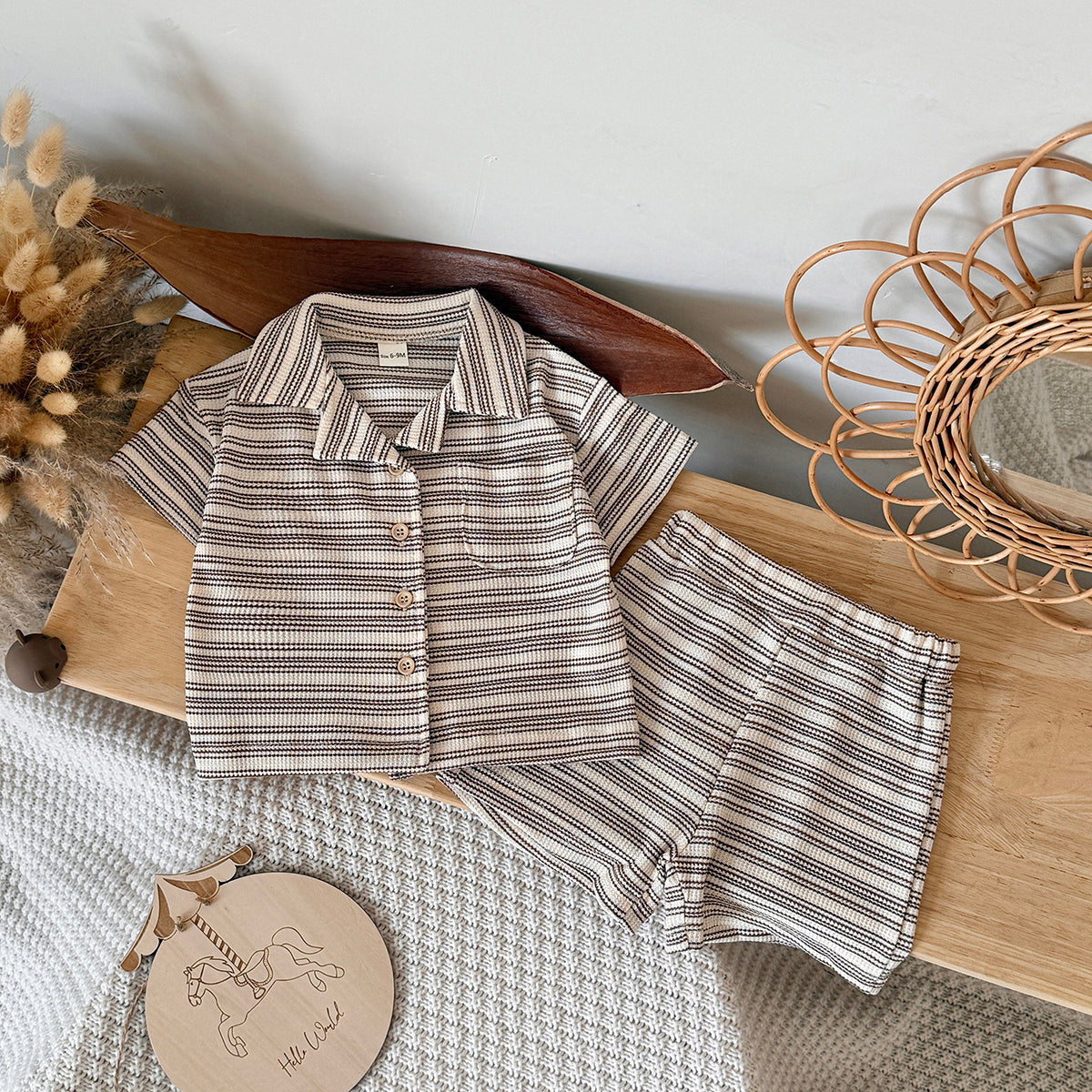 Baby Waffle Striped Button Shirt & Shorts 2Pcs Set