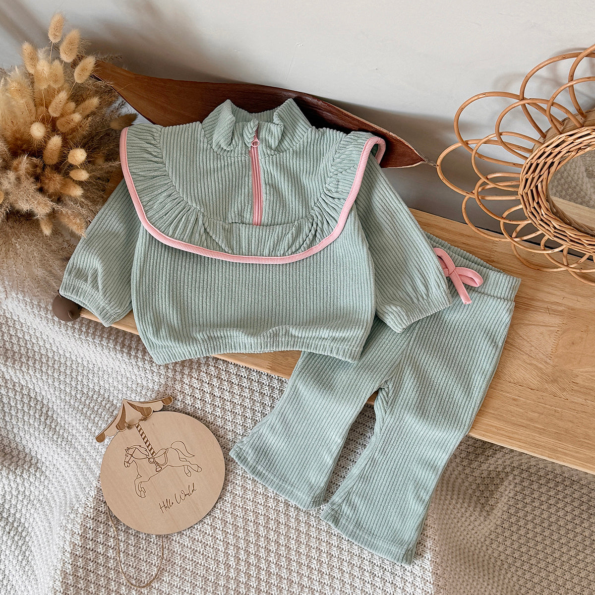 Green corduroy baby girl pants set